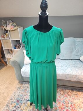 London Style Green Short Sleeve Elastic Waist Midi Dress Plus Size 16